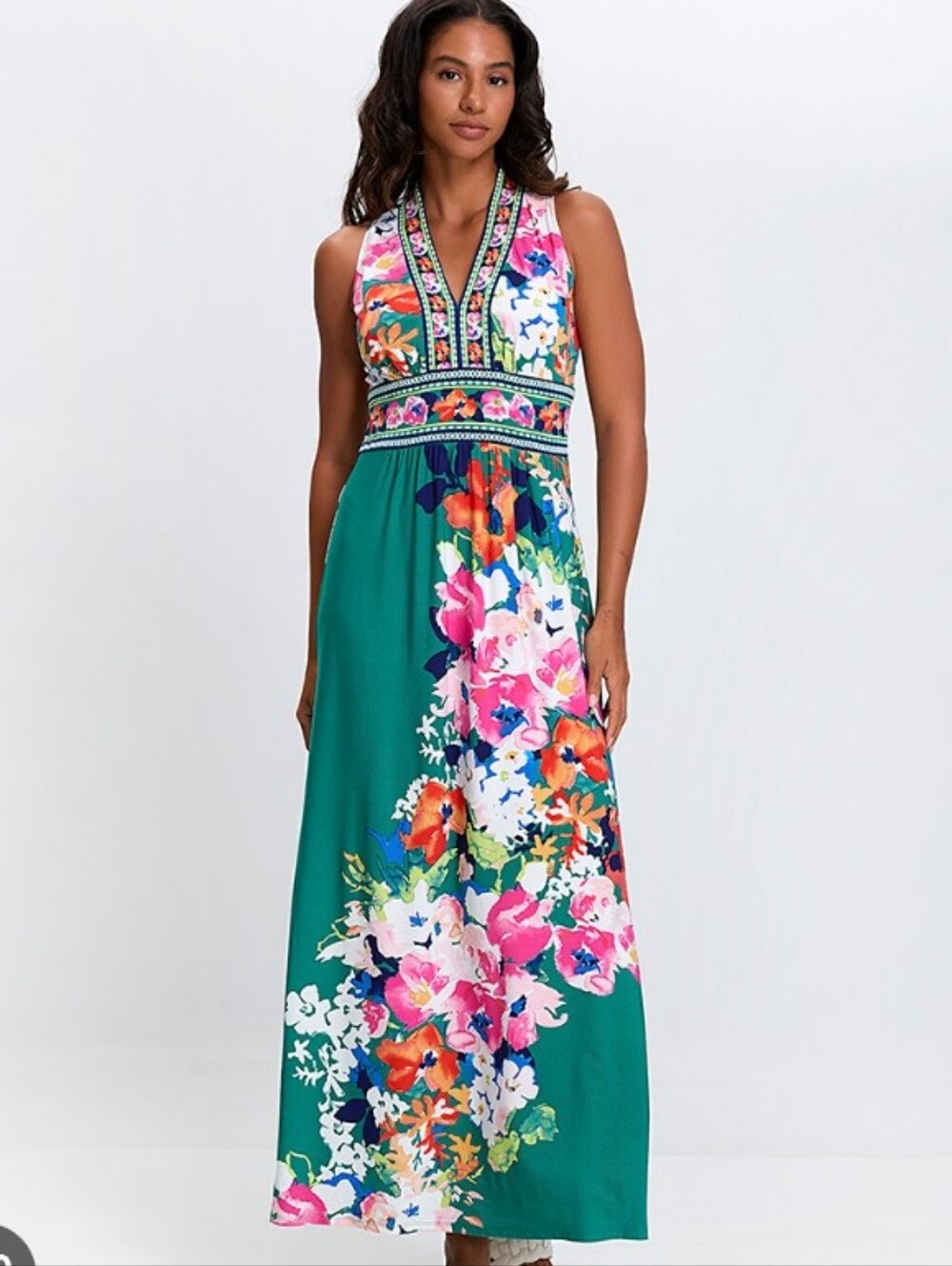 London Times Green Floral Maxi Dress with Multicolor Blooms